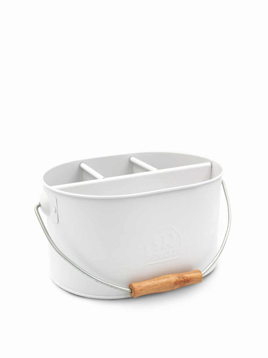 White Galvanized Metal Utensil Caddy with Wooden Handle