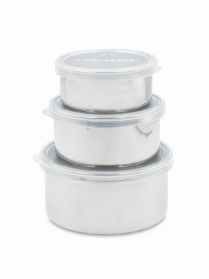 
            
                Load image into Gallery viewer, Round Nesting Trio Stainless Steel Containers with Silicone Lids - Set of 3
            
        